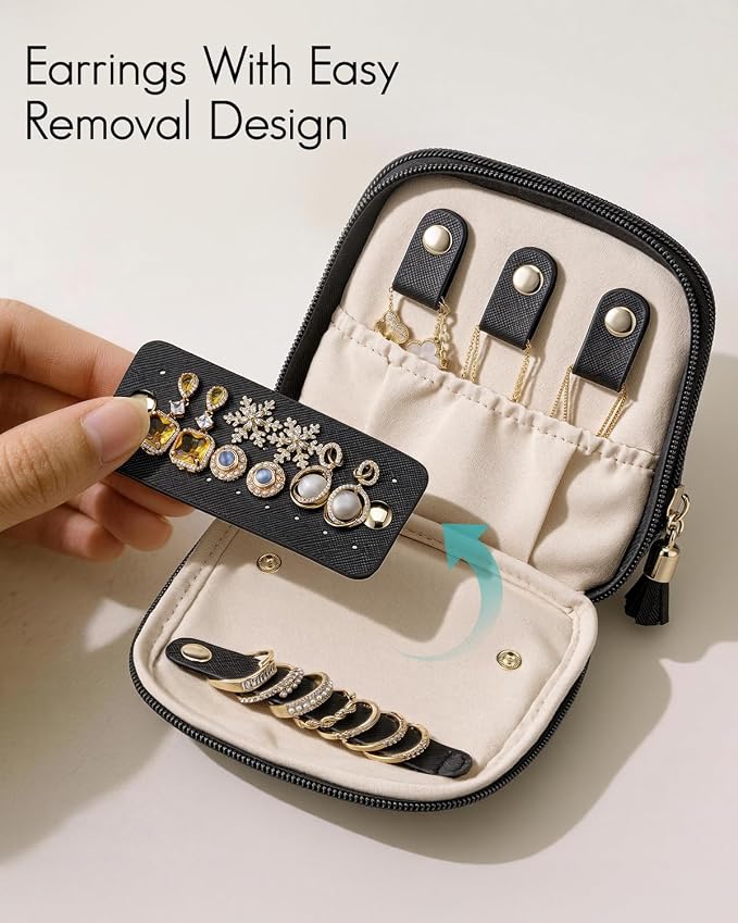 VLANDO Travel Jewelry Case,2-Layer Jewelry Organizer for Travel,Mothers Day Mom Gifts Teacher Gift,Multi-Compartment Jewelry Storage for Rings Earrings Necklaces Bracelets-Black - Image 4