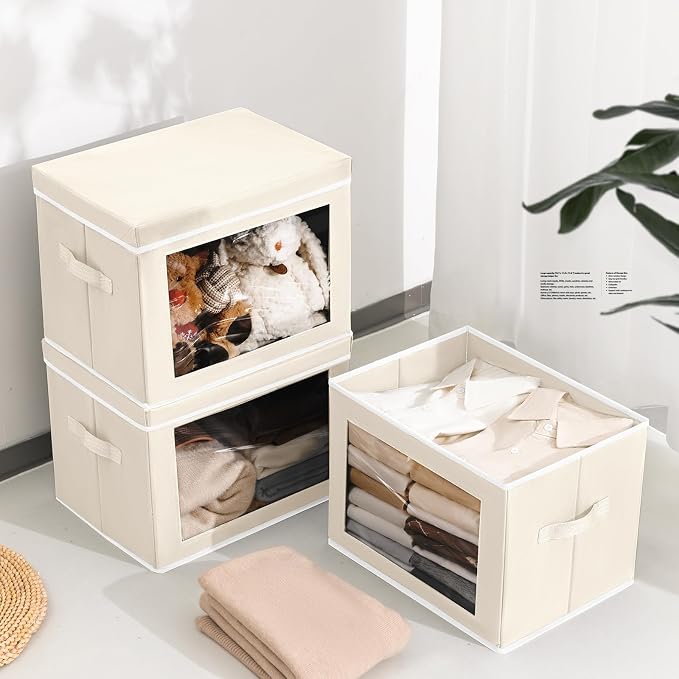 Homsorout Storage Bins with Lids - Medium Storage Box with Lids, Foldable Closet Boxes for Organizing, Stackable Clothes Organizer with Window, Cubes Bins for Living Room, 5 Pack, Beige - Image 2