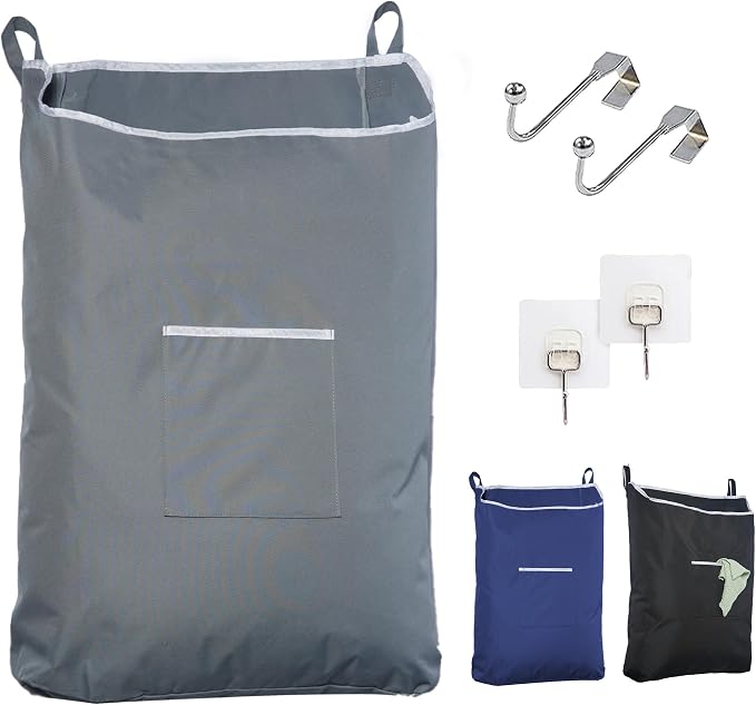 The Fine Living Co. X-Large Hanging Laundry Hamper with Over Door Hooks & Adhesive, Durable Space Saving Laundry Bag with Zipper and Wide Open Top,Hanging Dorm Laundry Hamper 20"x3.75"x31" (Gray-XL) by TheFineLivingCompany
