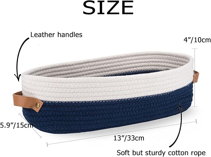 Set of 2 Toilet Basket,Woven Storage Basket for Toilet Tank Top Farmhouse Home Decor Organizing Baskets 13"x5.9"x4" Navy Stitching White - Image 3
