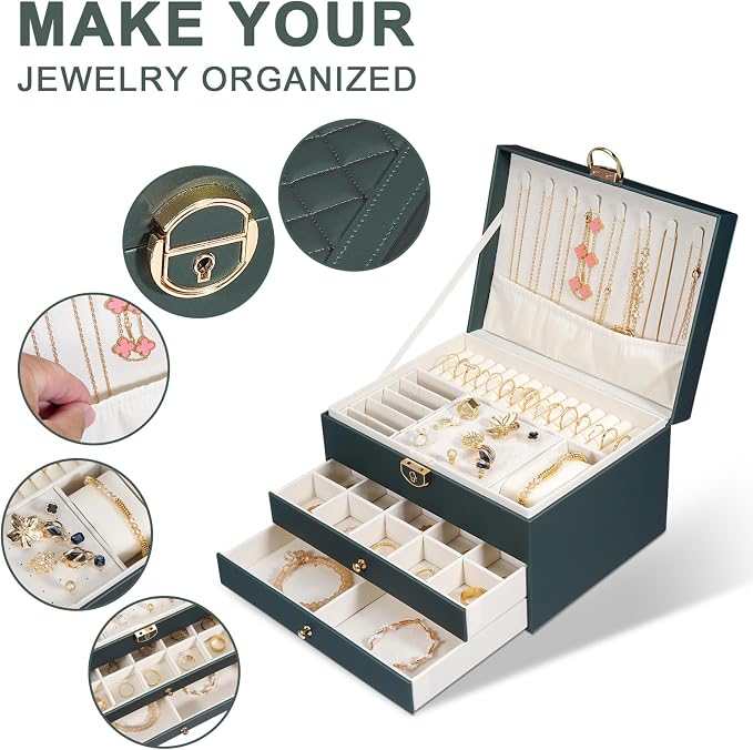 GUOER Jewelry Box for Women Girl Wife 3 Layers Large PU Leather Jewelry Organizer Storage Case with Two drawers Display for Earrings Bracelets Rings Watches (Hunter Green) - Image 2