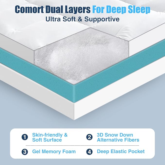 4 lnch Dual Layer Mattress Topper Twin Size, 2 Inch Cooling Gel Memory Foam and 2 Inch Soft Pillow Top Mattress Pad Cover for Back Pain, with Elastic Deep Pocket