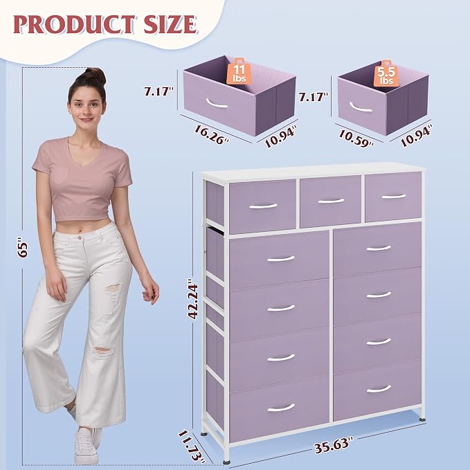 WLIVE Storage Organizer Unit with 11 Fabric Bins, Storage Drawers Organizer with Steel Frame, Tall Storage Tower Organizaton for Living Room, Hallway, Office, Purple - Image 3