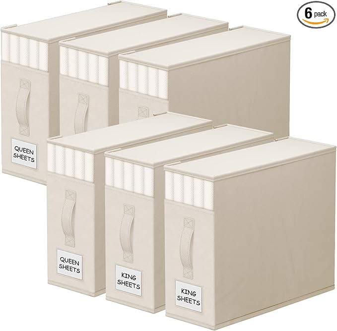 StorageTastic 6 Pack Bed Sheet Closet Organizers and Storage,Sturdy Foldable Storage Containers with Window and Label,Storage and Organization for Bedding Sheets,Duvet Covers,Blankets (Beige) by StorageTastic