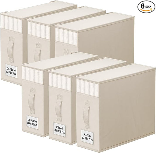 StorageTastic 6 Pack Bed Sheet Closet Organizers and Storage,Sturdy Foldable Storage Containers with Window and Label,Storage and Organization for Bedding Sheets,Duvet Covers,Blankets (Beige) by StorageTastic