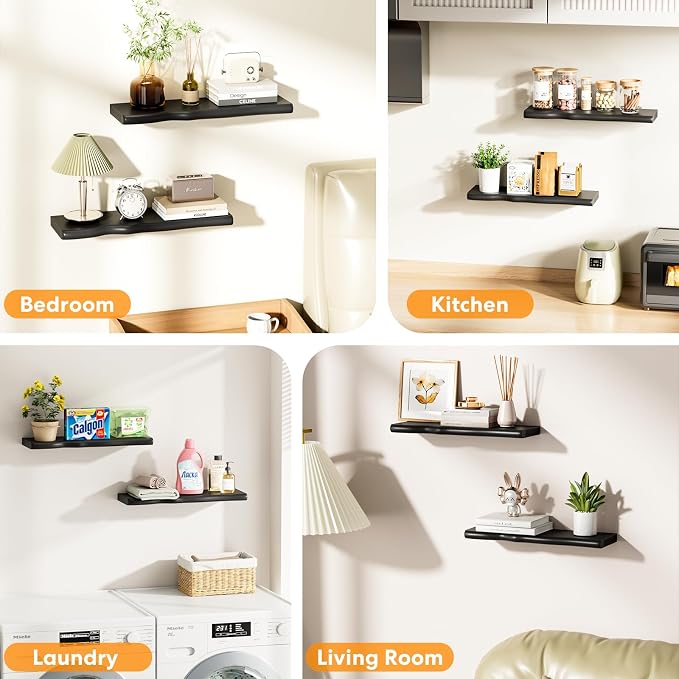 Floating Shelves for Wall Rustic Farmhouse 24 Inch Floating Shelf Bathroom Wooden Shelves for Wall Mounted Live Edge Pine Shelf with Unique Natural Grain for Living Room Bedroom Kitchen (Black) - Image 5