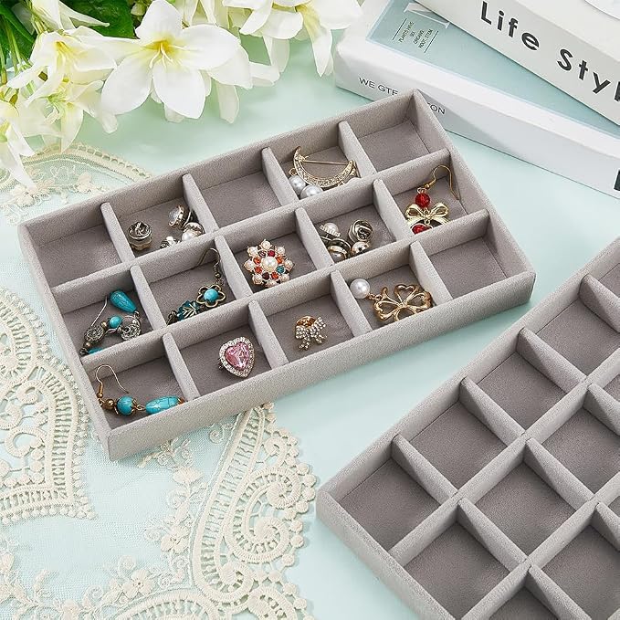 2Pcs 5 x 8.3 Inch Jewelry Drawer Inserts Velvet Jewelry Tray Gray 15 Grids Dresser Earring Drawer with Removable Divider Necklace Organizer Storage Container for Bracelet Ring Watch Display - Image 3