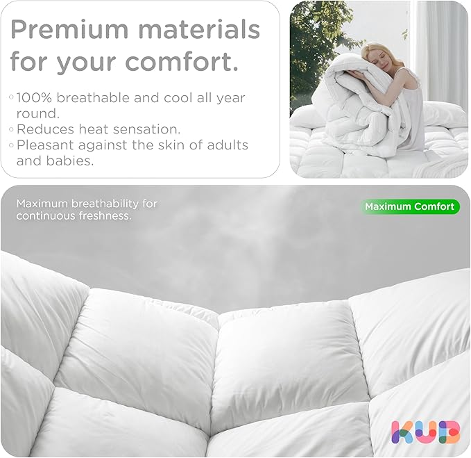 KUB Cotton Mattress Topper, Queen, Cooling Cotton Pillow Top with 8-21 Inch Deep Pocket, 3D Snow Down Alternative Fill, Breathable Fluffy Mattress Pad Cover (White, Queen 80 * 60inch)