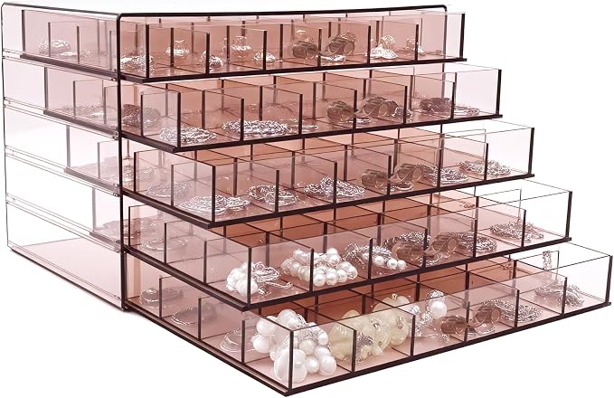 Clear Pink Acrylic Jewelry Storage Box, Earring Jewelry Organizer with 5 Drawers, 5-Layer Jewelry Box for Women, Earring Display Holder for Earrings Ring Bracelet Necklace, 120 Grid Storage Box - Image 4