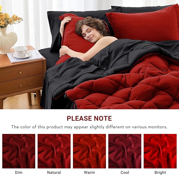 MUXHOMO 7 Pieces Full Comforter Set, Reversible Bed in a Bag Full Size, All Season Bedding Set with Comforter, Flat Sheet, Fitted Sheet, Pillowcases & Shams, Red & Black