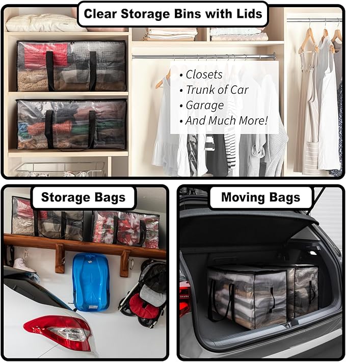ClearSpace Oversized Moving Bags or Storage Bag – Large Moving Boxes with Backpack Straps, Zippers & Handles – Heavy-Duty Packing Bags for Moving, College Dorm, Christmas Decorations, 10 Pack