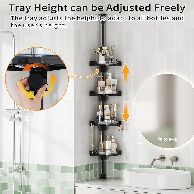 shuang qing 360° Rotating Corner Shower Caddy Tension Pole Organizer - 4-Tier Adjustable Rustproof Metal Pole, Plastic Shelves with Safety Guardrail, Bathroom Storage for Shower & Bathtub(Black) - Image 4