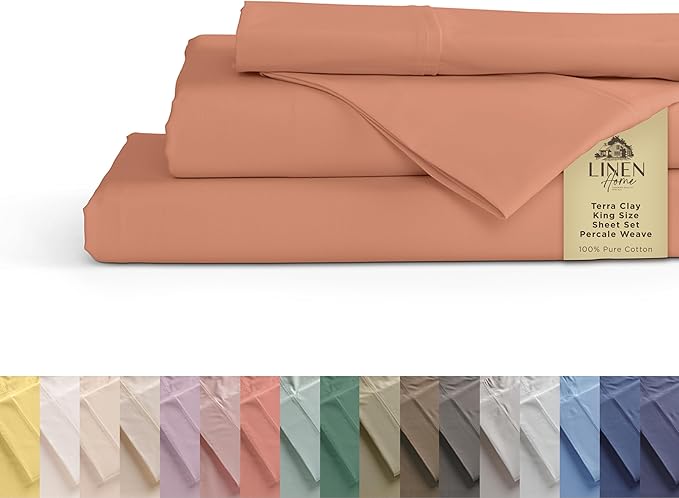 Linen Home 100% Cotton Percale Sheets King Size, Deep Pocket, 4-Piece Set - Crisp, Cool & Breathable, Long-Staple Combed Cotton Bedding, Hotel Quality, Made in Green, Tera Clay