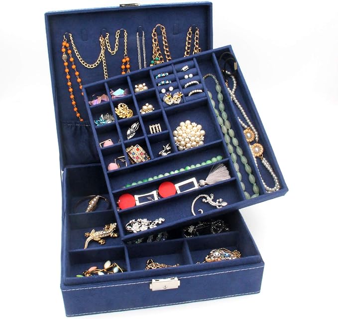 Two-Layer Jewelry Box Organizer Display Storage case with Lock (Deep Blue) - Image 2