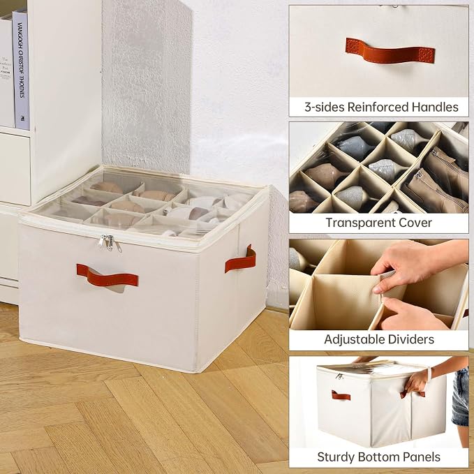 INSTY Shoe Organizer for Closet, 2 Pack Foldable Shoe Storage Containers, Fits up to 16-32 Pairs, Adjustable Dividers for Shoe Organizer, Fabric Shoe Storage Bins with Clear Cover, Beige - Image 4