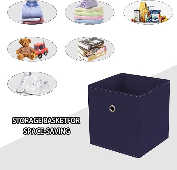 Foldable Storage Cubes Bins ,11 Inch Cloth Storage Cube Fabric Storage Box Cubes Organizer Baskets with Handles for Home Organizer Set of 6 (Navy Blue) - Image 3