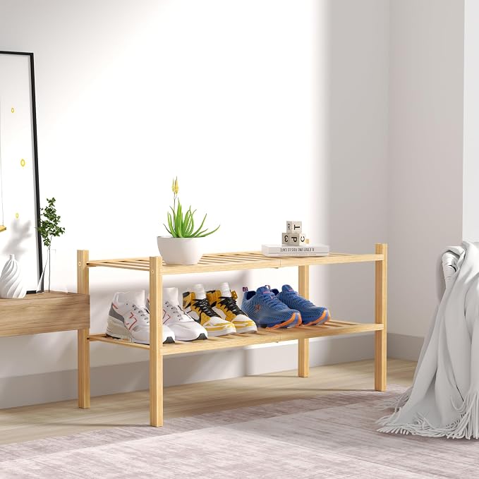 ROMGUAR CRAFT 2 Tier Bamboo Shoe Rack for Closet Free Standing Wood Shoe Shelf for Entryway Small Space Stackable 27"x11"x13" (Natural) - Image 7