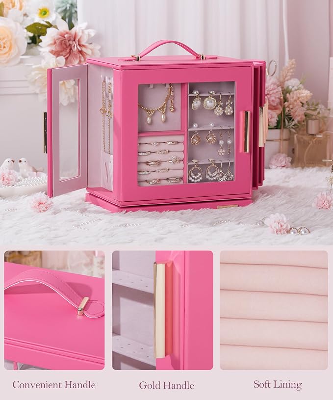 Homde Jewelry Box 360° Rotating, Necklace Earring Organizer with Transparent Window, Mirror, 7 Drawers, Large Ring Display Storage Case for Girls Women (Pink) - Image 5