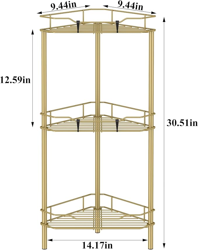 HuggieGems 3 Tier Floor Standing Corner Shower Caddy Organizer Shelf with Hooks, Bathroom Shelves Stand Rack, Gold - Image 7