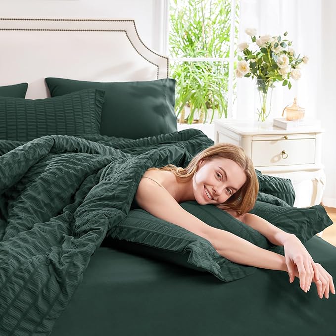 CozyLux King Size Comforter Set Forest Green Seersucker 7 Pieces Bed in a Bag King Comforter Set with Sheets, Luxury Soft Bedding Sets with Down Alternative Comforter, Sheets, Pillowcases & Shams