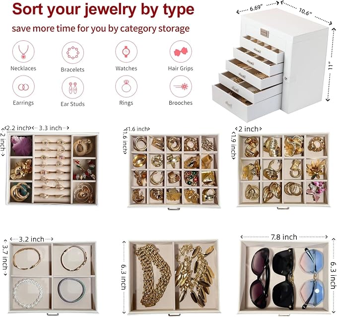 BOOVO Jewelry Box For women, 6 Layer Large Jewelry Organizer With Mirror, Multi-Function Storage Box With Lock, Necklace Holder With 5 Drawers, For Earrings Necklace Bracelet (Silver and White) - Image 5
