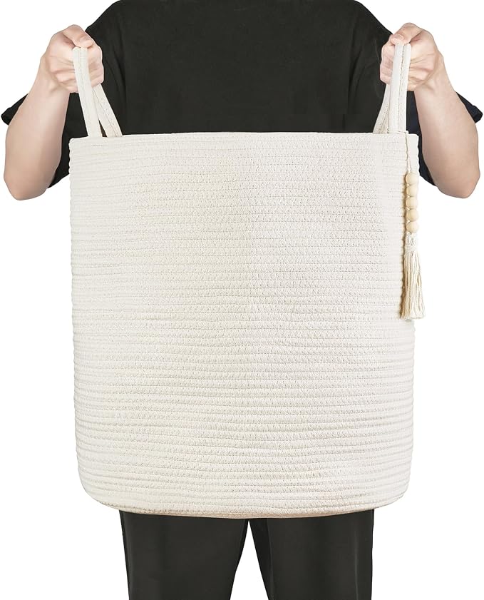 Mkono Tall Laundry Basket Woven Decorative Rope Storage Basket Wooden Bead Decoration for Blankets Toys Clothes Shoes Organizer Bin with Handles Living Room Home Decor, 15" W x 17.7" L, White - Image 6
