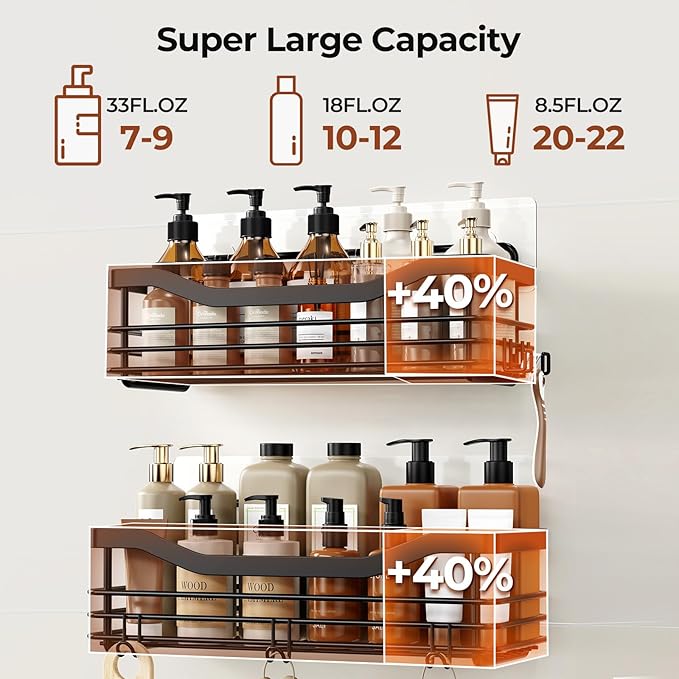 Orimade Adhesive Shower Caddy Shelf with 5 Hooks Organizer Storage Rack Rust Resistant Wall Mounted Stainless Steel No Drilling for Bathroom, Toilet, Kitchen - 2 Pack,Black - Image 6