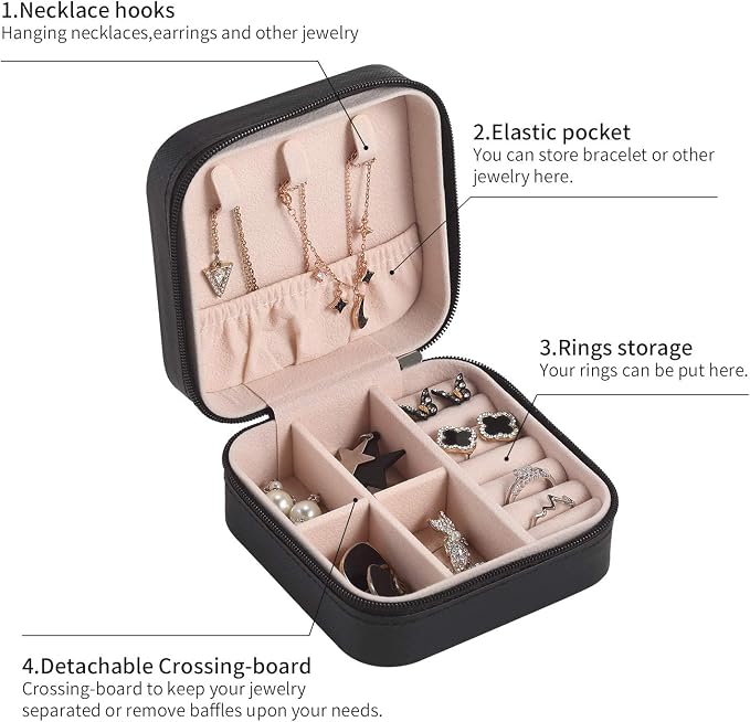 Mini Jewelry Travel Case,Small Travel Jewelry Organizer,Travel Portable Jewelry Case for Ring, Pendant, Earring, Necklace, Bracelet Organizer Storage Holder Boxes (Black) - Image 4