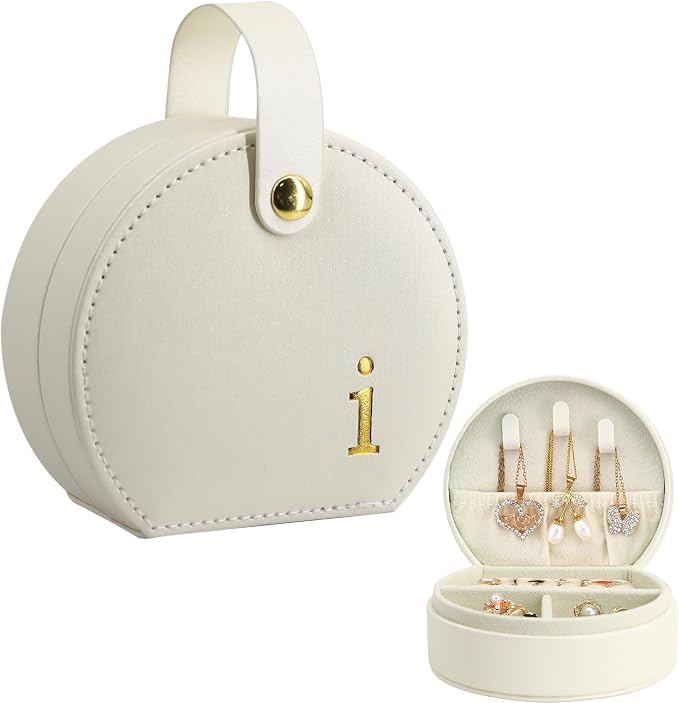 COLLECTIVE HOME - Travel Jewelry Case, Elegant Half-Moon Design with Gold Monogram, Detachable Handle, Personalized Accessory Organizer, Gift for Fashion-Forward Women and Teens (i) by COLLECTIVEHOME