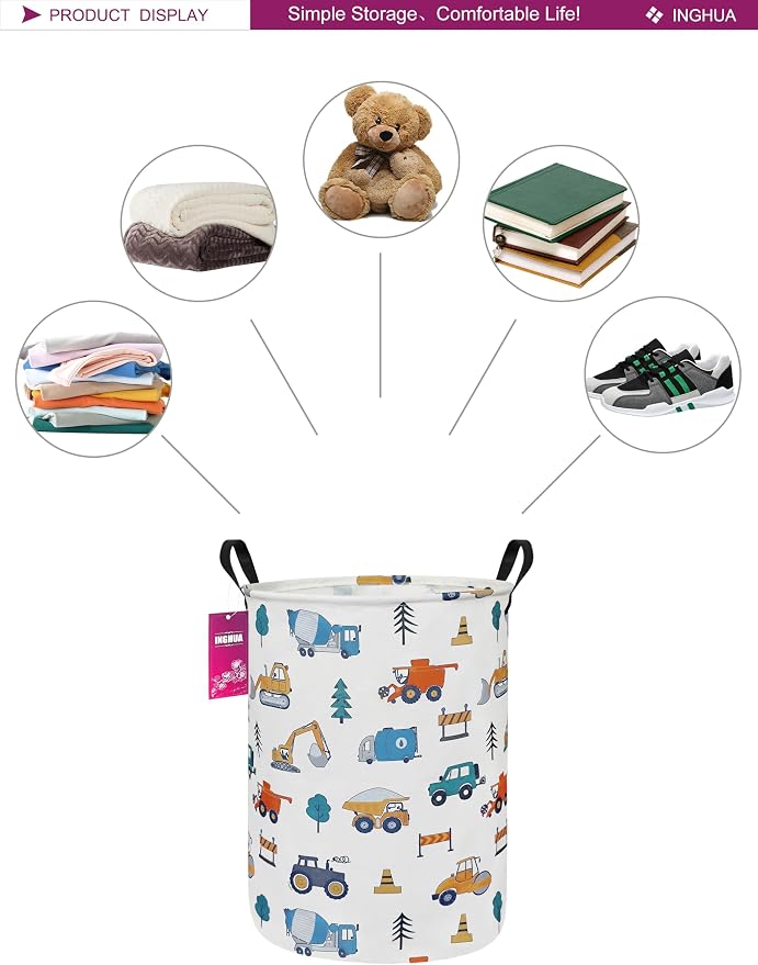 Laundry Hamper Large Canvas Fabric Lightweight Storage Basket/Toy Organizer/Dirty Clothes Collapsible Waterproof for College Dorms, Boys and Girls Bedroom,Bathroom(Vehicles) - Image 3