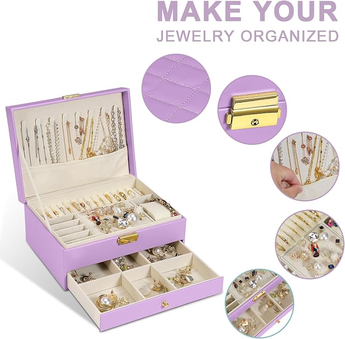 2-Layer Jewelry Box for Women Girls, Jewelry Organizers and Storage with Removable Jewelry Tray, Vintage Quilted Top Lockable Jewelry Holder Gift Idea Light Purple - Image 2