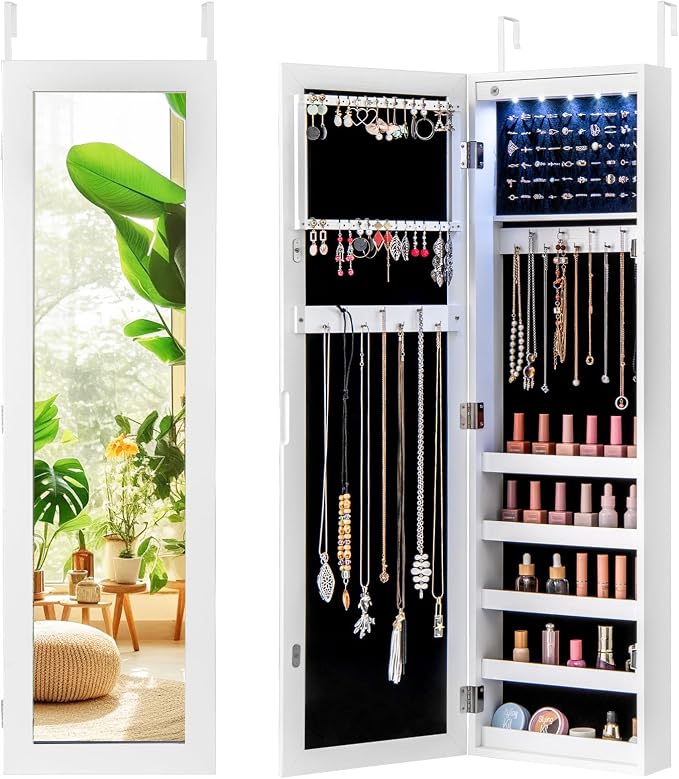 Giantex Wall or Door Mounted Jewelry Cabinet with Full Length Mirror, Over The Door Jewelry Armoire Organizer with Lights, Large Storage with Necklace Hooks, Earring Slots & Shelves (White) by Giantex