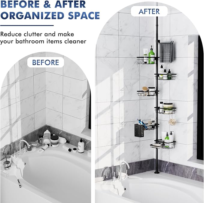 Shower Caddy Organizer Tension Pole, Rustproof 6-Pack Corner Shelf with 30-120 Inch Adjustable Shower Rack for Inside Shower, Extra Towel Bar & Soap Dish for Bathroom Organizers and Storage, Black - Image 7