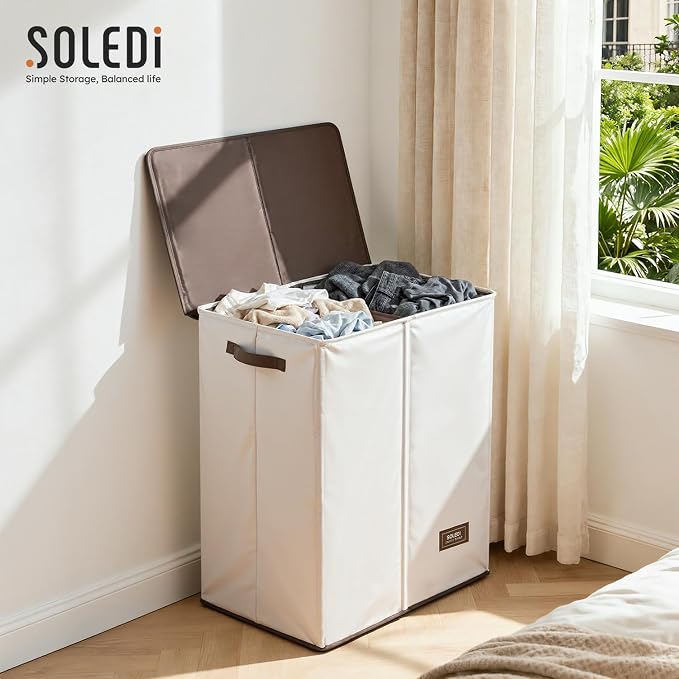 SOLEDI Luxury Double Laundry Hamper with Lid and Removable Bags, Large Hamper for Laundry, Laundry Basket 2 Sections, Collapsible Ditry Clothes Hamper for Bedroom, Laundry Room, Bathroom, Off-white - Image 8