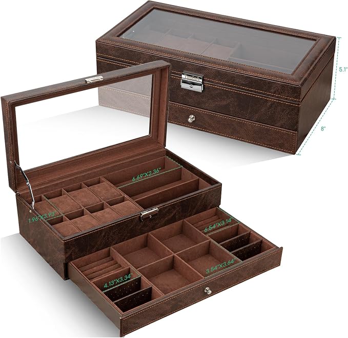 TomCare Watch Box 2-Tier Watch Case Jewelry Organizer Box with Thick Glass Lid Lockable Watch Organizer Jewelry Display Holder Sunglass Rings Necklaces Bracelets Storage Organizer for Men Women,Brown - Image 2