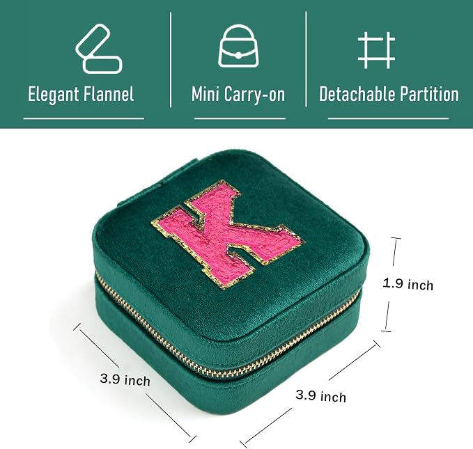 Personalized Velvet Travel Jewelry Case Box For Women Ring Necklace Earring Holder Organizer with Mirror Green Girls Box Birthday Gifts Mom Initial K - Image 3