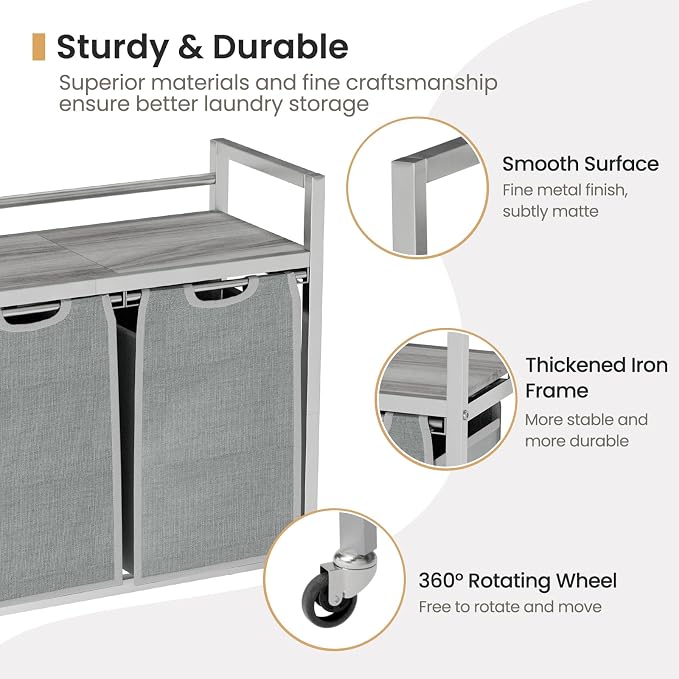 SwaaVee Laundry Hamper, Laundry Basket, Laundry Sorter with 3 Removable Bags, Clothes Basket with 3 Compartments, Wheels, Shelf for Laundry Room Bathroom Bedroom (2 Bags-Gray) - Image 4