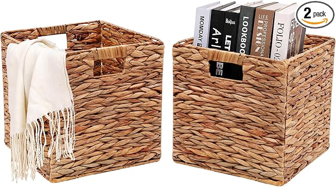 11x11in Wicker Storage Basket Set of 2 Collapsible Hyacinth Cube Storage Baskets,Storage Bins for Organizing Storage Basket with Built-in Handles by HOYCYA6