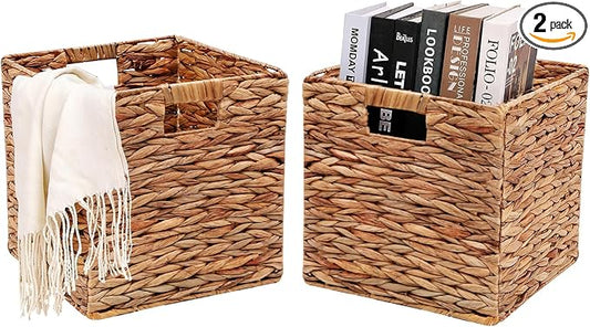 11x11in Wicker Storage Basket Set of 2 Collapsible Hyacinth Cube Storage Baskets,Storage Bins for Organizing Storage Basket with Built-in Handles by HOYCYA6