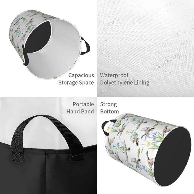 Laundry Basket Watercolor Mallard Duck Room Decor,Round Laundry Hamper Waterproof Dirty Clothes Hamper Collapsible Laundry Baskets With Handles,Toy/Clothes Storage Basket For Home Dorm Bathroom Decor - Image 3