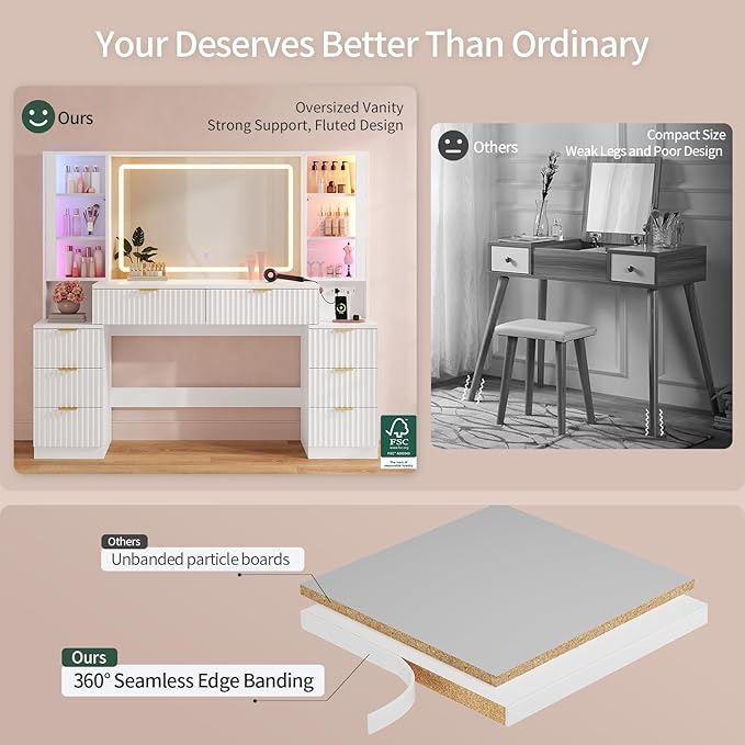 HAUOMS Big Vanity, Fluted Wood Makeup Vanity Desk with Mirror and Sound Sync LED Lights, Large Vanity Dressing Table, 8 Drawers, Charging Station for Girls, Women (White, 59.1" Width)