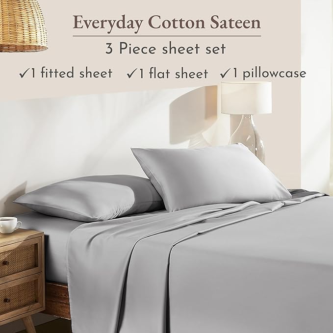 California Design Den Twin Bed Sheets Set - Natural 100% Cotton Sheets with 12" Pockets, Soft Sateen Weave, Breathable and Durable Bedding Set for Dorm Rooms, College (Light Grey)