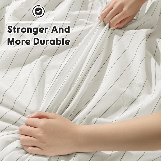 SONORO KATE 100% French Pure Linen Sheets, Breathable and Durable Linen King Size Sheets, Anti-Tear Linen Bed Sheets, Machine Washable, 16 Inch Deep Pocket - 4 Piece (White & Dark Grey Stripes)
