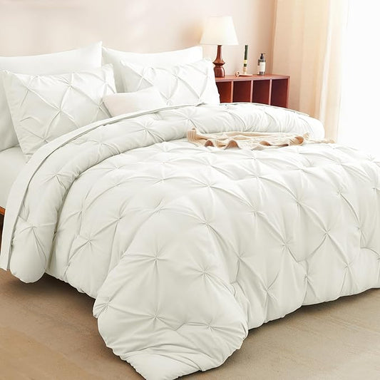 CozyLux Queen Comforter Set Ivory, 7 Pieces Pintuck Bed in A Bag, Premium Ivory Comforter Queen Size, Pinch Pleat Bedding Sets with Comforter, Sheets, Pillowcases & Shams