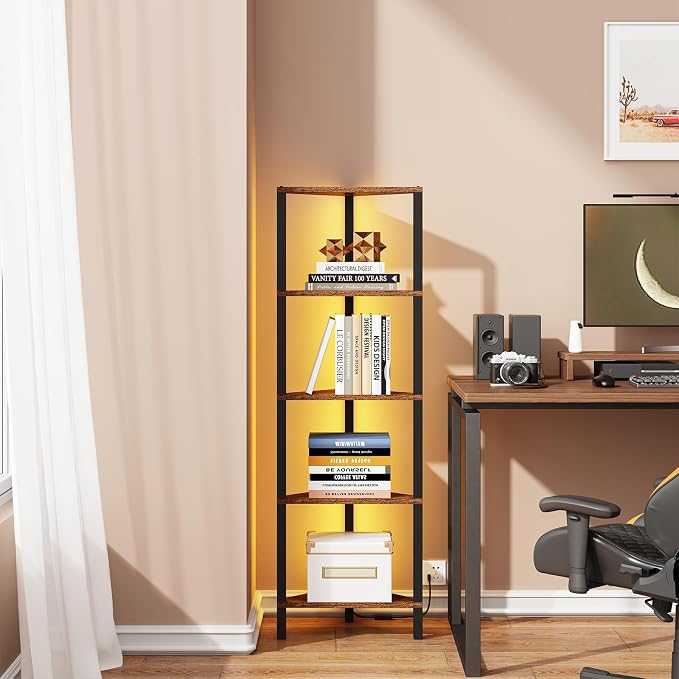 TUTOTAK Corner Shelf with LED Light, 5-Tier Corner Bookshelf for Small Space, Narrow Display Corner Shelf Stand with Storage Rack, for Living Room, Bedroom, Rustic Brown BS05BB005L - Image 4
