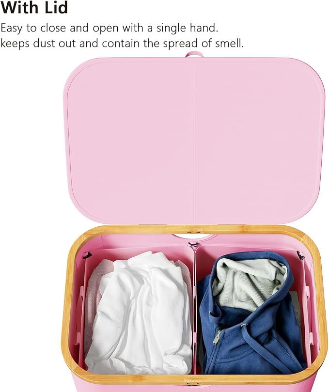 SpaceAid Double Laundry Hamper 2 Section with Lid and Removable Laundry Bags, 160L Clothes Basket with Bamboo Handles, Large Collapsible Hamper for Bedroom, Bathroom, Dorm, Laundry Room - Pink - Image 3