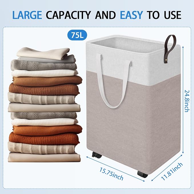HomeHacks 75L Rolling Laundry Basket with Wheels, Collapsible & Waterproof Laundry Hamper, Mobile Clothes Hamper, Storage Laundry Bins with Handles for Laundry Room, Bedroom, Bathroom & Dor, Khaki - Image 2