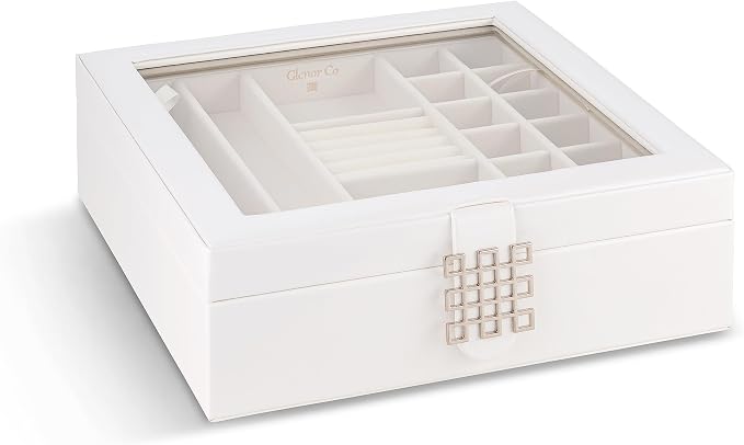 Glenor Co 28 Section Jewelry Box - 2 Layer - Buckle Snap & Magnet Closure - Large Glass Top - Leather Design - White - Jewelry Organizer for Women & Girls - for Earring Ring Necklace & Bracelet - Image 3