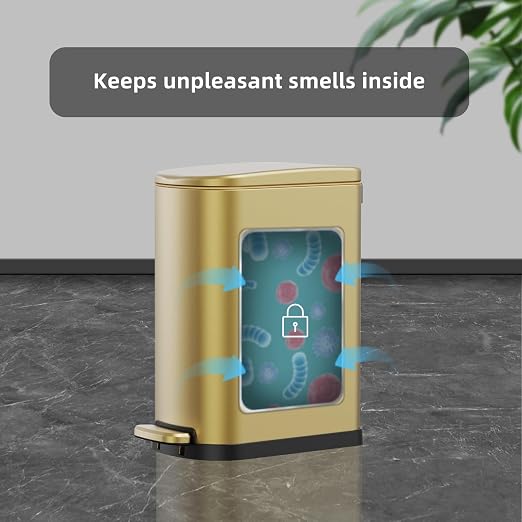 KSSKSS 2.6 Gallon Slim Bathroom Trash Can with Soft Close Foot Pedal, 10L Stainless Steel Garbage Can with Removable Liner Bucket, for Narrow Spaces, Bedroom, Gold - Image 4