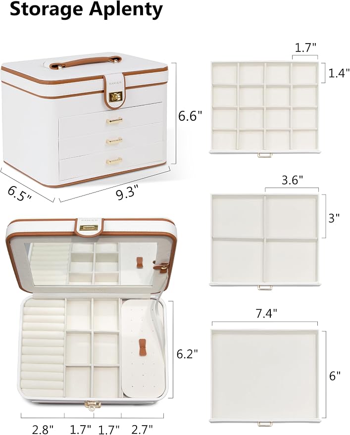 KAMIER Jewelry Boxes for Women, 4 Layer Jewelry Organizer with Mirror, 3 Drawers, Jewelry Storage Box, Christmas Gift, for Earring, Necklace, Bracelet, Ring, White - Image 6